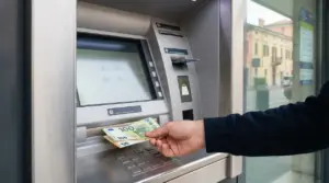 Mano che preleva banconote in euro da un bancomat, in un contesto urbano