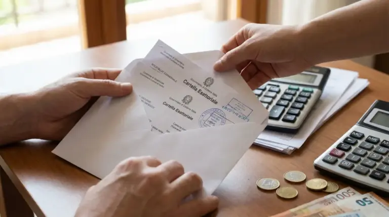 Mani che aprono una busta con cartelle esattoriali su un tavolo con calcolatrice e denaro