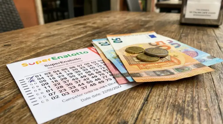 Schedina del SuperEnalotto con banconote e monete in euro su un tavolo, simbolo di una vincita a Teramo